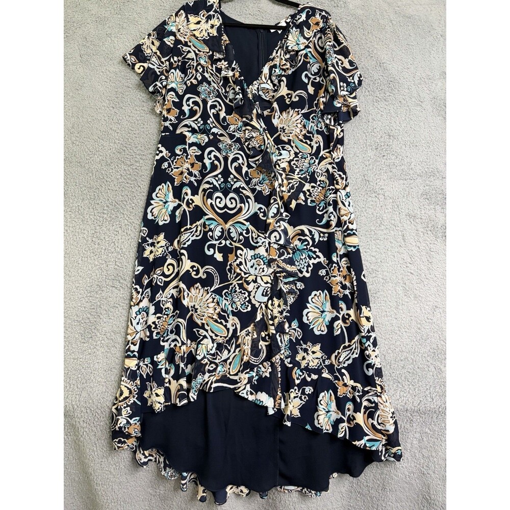Chicos Ruffle Dress Size 4 (20) Blue Paisley Blue/Black/Cream Multicolor Maxi